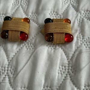 Gold-Tone Multi-Color Cabochon Woven Clip-On Earrings